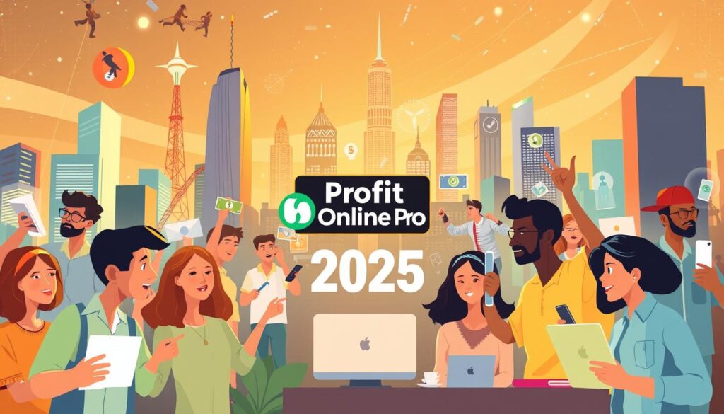 A dynamic, colorful illustration of the bustling side hustle landscape in 2025. In the foreground, a diverse cast of people engaged in a variety of entrepreneurial endeavors - from ecommerce and freelancing to gig work and passive income streams. The middle ground features the "Profit Online Pro" brand prominently displayed, representing the tools and resources powering these modern side hustles. In the background, a futuristic cityscape with towering skyscrapers and gleaming holograms, symbolizing the technological advancements that have made side hustles more accessible and lucrative than ever before. Lighting is vibrant and warm, with a sense of energy and possibility permeating the scene. The overall composition conveys the growing importance of side hustles in the 2025 economy.