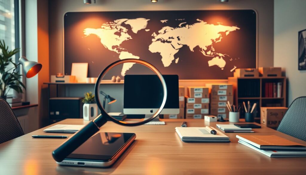 A modern office with a large desk, desktop computer, and various office supplies. In the foreground, a magnifying glass hovers over a smartphone, representing the research and analysis aspect of a dropshipping business. The middle ground features stacks of shipping boxes, symbolizing the order fulfillment process. In the background, a world map with shipping routes and arrows suggests the global reach and scalability of a dropshipping model. The lighting is warm and inviting, creating a professional and productive atmosphere. The camera angle is positioned slightly above the desk, giving a bird's-eye view of the scene.