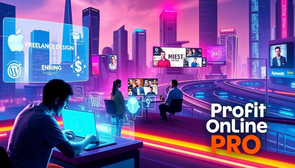 A vibrant digital landscape featuring various side hustles. In the foreground, a person works diligently on a laptop, surrounded by holographic displays showcasing various online earning opportunities, from freelance design to e-commerce. In the middle ground, a trio of individuals engage in virtual meetings, collaborating on digital projects. The background is a cityscape of sleek skyscrapers, neon-lit billboards, and a futuristic transport system. The overall scene has a dynamic, tech-forward atmosphere, with the "Profit Online Pro" brand prominently displayed in the corner, conveying a sense of professionalism and expertise in the digital side hustle economy.